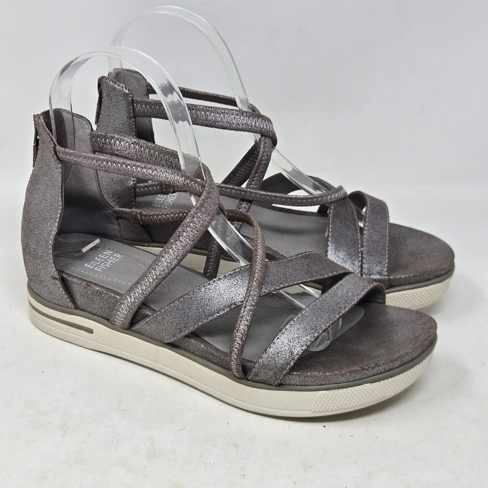 Eileen Fisher Womens Metallic Strappy Gladiator Sandals Pewter Gray Size 7